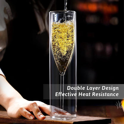 Double-Walled Champagne Glasses | Insulated Flutes for Wine, Cocktails - Set of 6