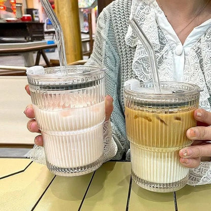 Ribbed Glass Coffee Mug with Straw | Travel Glass Tumbler with Lid