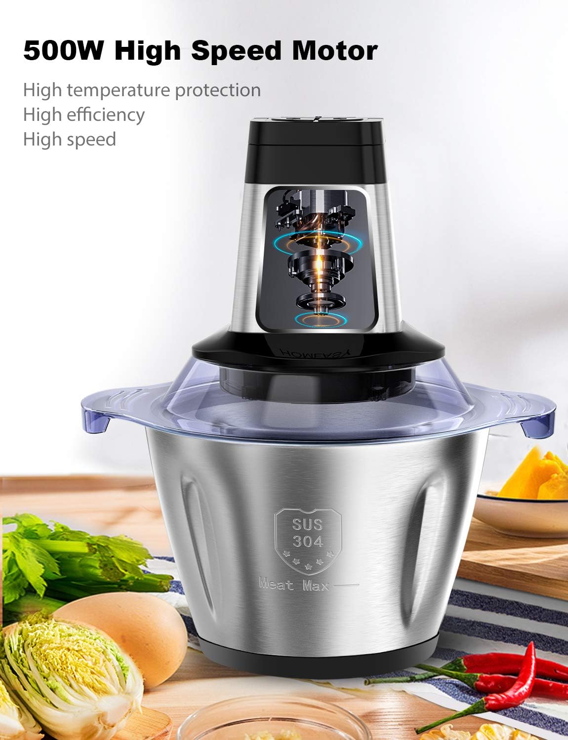2L Electric Food Chopper 600W | 4 Stainless Steel Blades | 2 Speed Meat, Vegetable & Nut Chopper