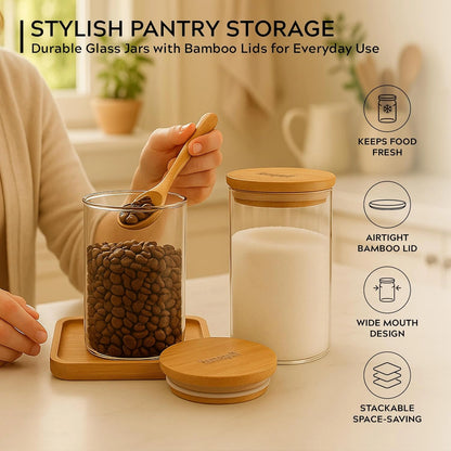 VANTARA Airtight Glass Spice Jars Set (320ml Round) – Bamboo Lid Kitchen Storage Containers for Salt, Sugar, Coffee & Spices