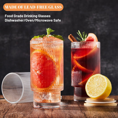Ribbed Pattern Glass Tumbler with Bamboo Lid & Glass Straw
