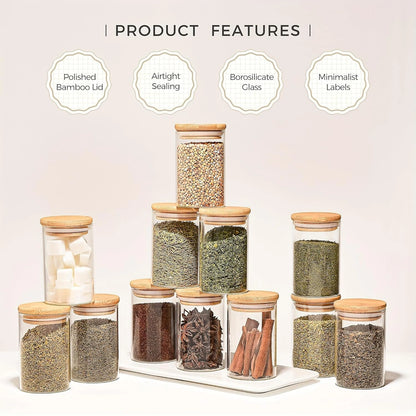 VANTARA Airtight Glass Spice Jars Set (320ml Round) – Bamboo Lid Kitchen Storage Containers for Salt, Sugar, Coffee & Spices
