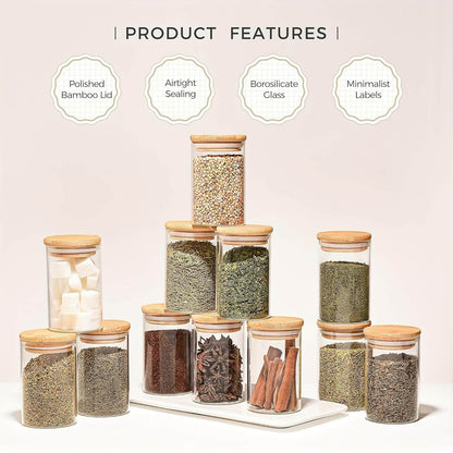 VANTARA Airtight Glass Spice Jars Set (12 Pack, 320ml Round) – Bamboo Lid Kitchen Storage Containers for Salt, Sugar, Coffee & Spices
