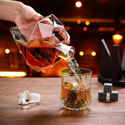 Diamond Whiskey Decenter & Glasses With Wooden Holder - Liquor Decenter Set of 5