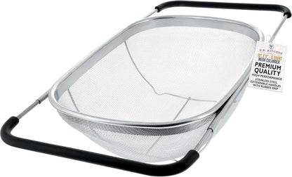Stainless Steel Over-The-Sink Colander – Fine Mesh Strainer Basket with Expandable Rubber Grip Handles for Rinsing & Draining Fruits, Vegetables, and Pasta
