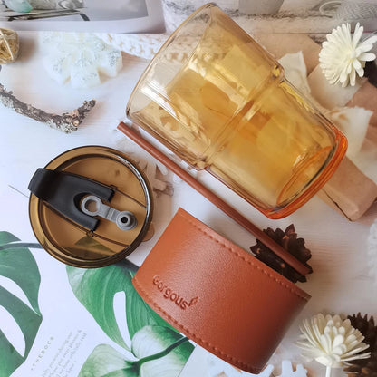 Stylish Glass Coffee Cup with Heat-Resistant Sleeve, Lid & Straw
