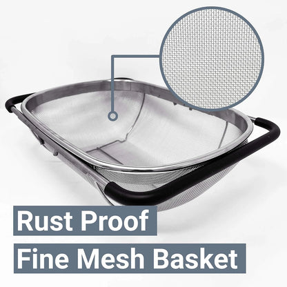 Stainless Steel Over-The-Sink Colander – Fine Mesh Strainer Basket with Expandable Rubber Grip Handles for Rinsing & Draining Fruits, Vegetables, and Pasta
