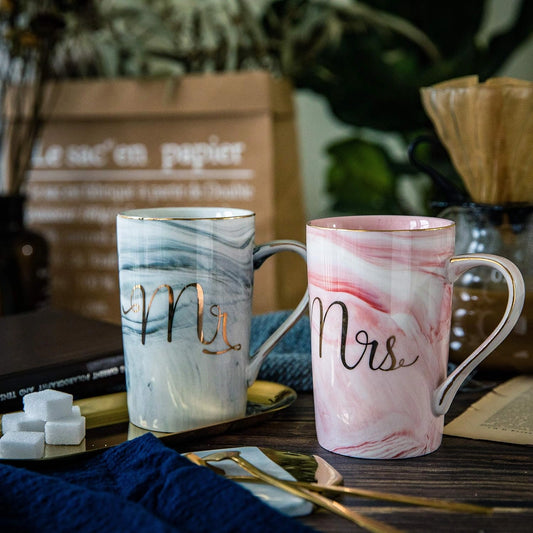Marble Ceramic Coffee Mugs with Golden Spoon | Mr & Mrs Cup