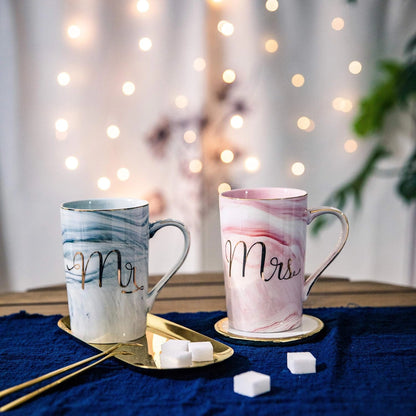 Marble Ceramic Coffee Mugs with Golden Spoon | Mr & Mrs Cup