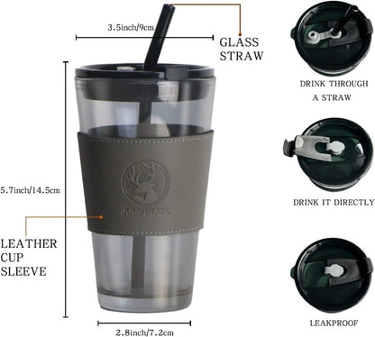 Leather Sleeve Glass Tumbler with Straw & Lid for Hot/Cold Drinks