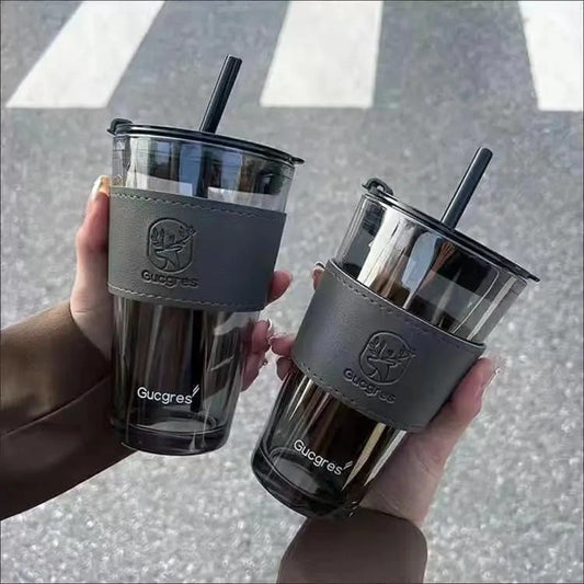 Leather Sleeve Glass Tumbler with Straw & Lid for Hot/Cold Drinks