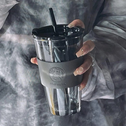 Leather Sleeve Glass Tumbler with Straw & Lid for Hot/Cold Drinks