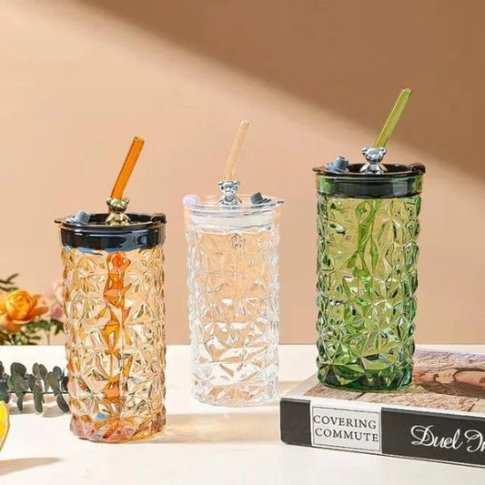Crystal Embossed Glass Tumbler with Lid & Straw - Multicolor