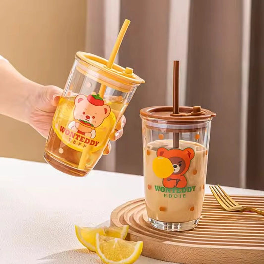 Cartoon Print Glass Sipper with Silicone Straw & Leak-Proof Lid