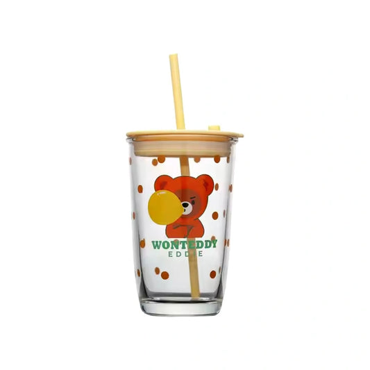 Cartoon Print Glass Sipper with Silicone Straw & Leak-Proof Lid