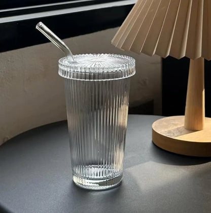 Tall Ribbed Glass Tumbler with Lid & Straw | Vintage Design