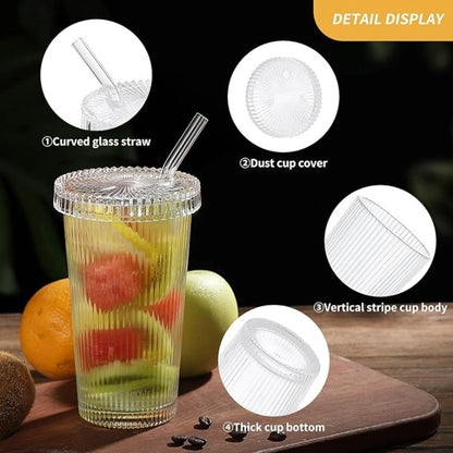 Tall Ribbed Glass Tumbler with Lid & Straw | Vintage Design