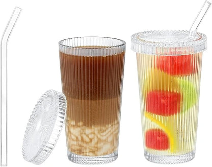 Tall Ribbed Glass Tumbler with Lid & Straw | Vintage Design