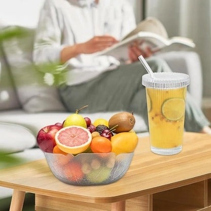 Tall Ribbed Glass Tumbler with Lid & Straw | Vintage Design