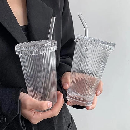 Tall Ribbed Glass Tumbler with Lid & Straw | Vintage Design