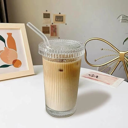 Tall Ribbed Glass Tumbler with Lid & Straw | Vintage Design