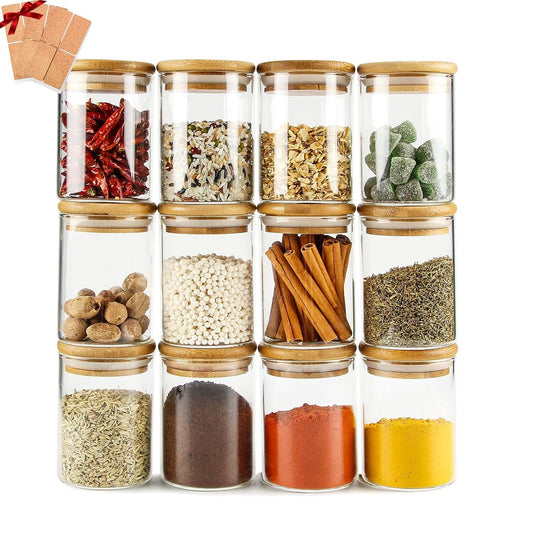 round glass spice jars with bamboo lid