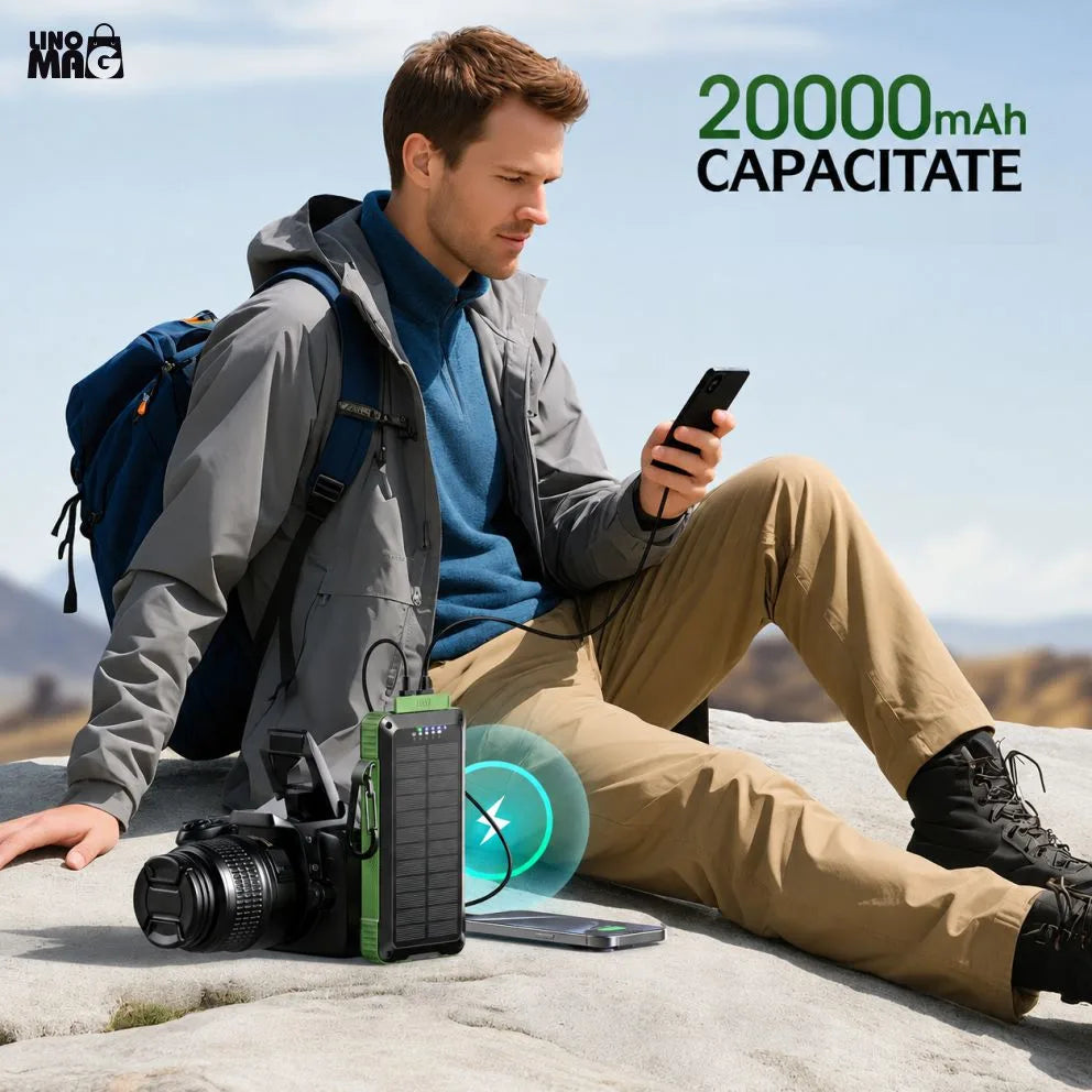 VANTARA 20000mAh Power Bank with 22.5W Fast Charging, Wireless & Solar Charging, Built-in Cables and LED Torch