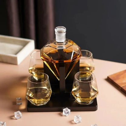 Diamond Whiskey Decenter & Glasses With Wooden Holder - Liquor Decenter Set of 5