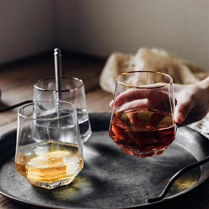 Hexa Shape Golden Rim Whiskey Glasses - Set of 6