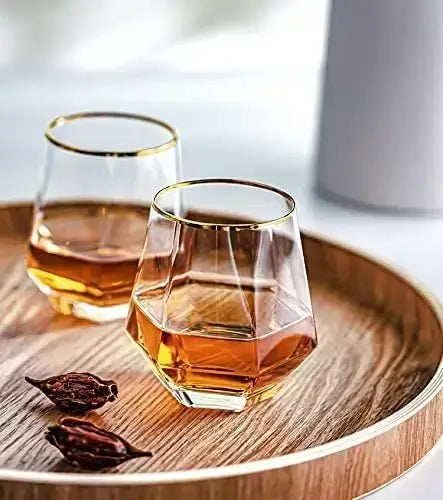 Hexa Shape Golden Rim Whiskey Glasses - Set of 6