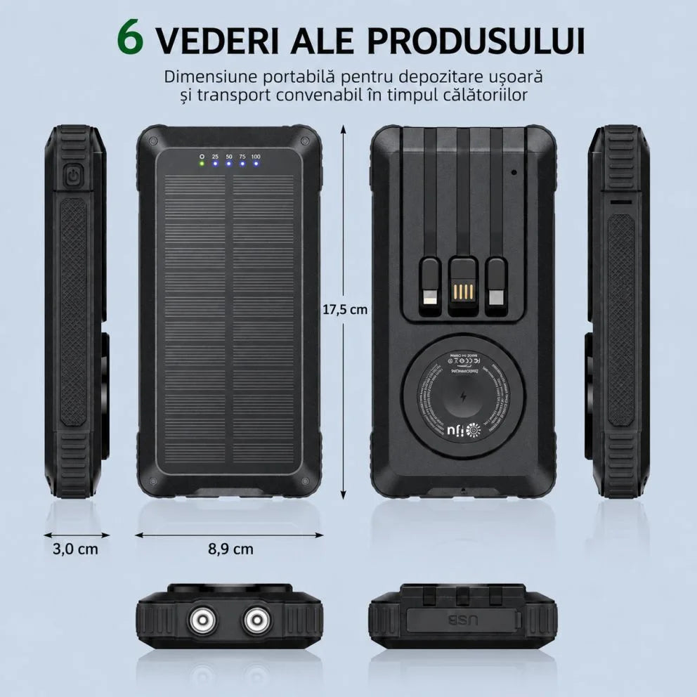 VANTARA 20000mAh Power Bank with 22.5W Fast Charging, Wireless & Solar Charging, Built-in Cables and LED Torch